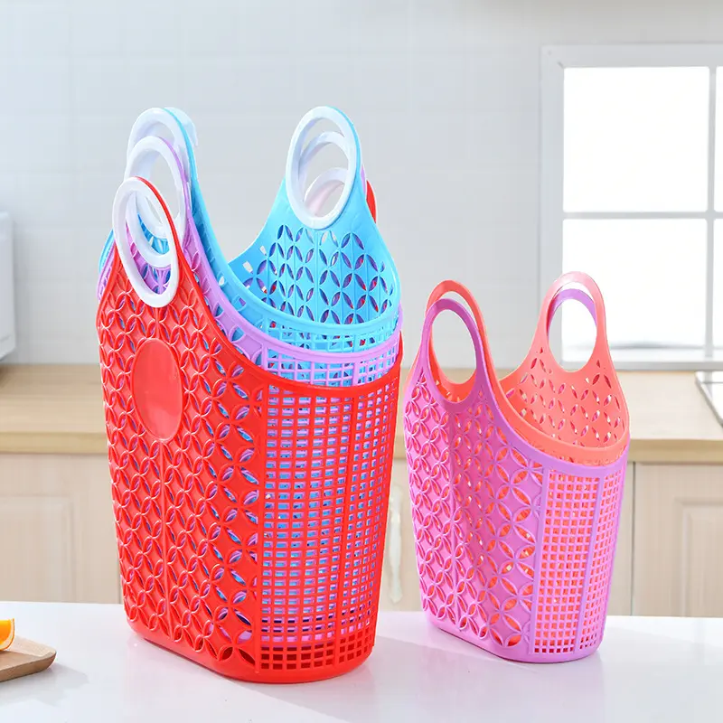 New Arrival Heavy Duty Red Straw Basket Foldable Bag Large Plastic Fruit Vegetable Jelly Basket Bag