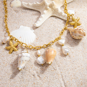 Stainless Steel Conch Starfish Pearl Pendant <b>Necklace</b> 18K Gold Plated Beach Party Jewelry Fashion <b>Statement</b> Piece - Product Image 3