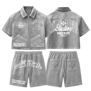 <b>Men's</b> Streetwear Two Piece Set Embossed Logo Fleece Zipper <b>Jacket</b> and Shorts <b>Summer</b> Casual Outfit Best Selling Shorts Set - Product Image 1
