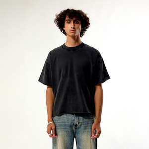 2026 Trending Product <b>Men's</b> Regular Fit Black 100% Cotton Acid Wash Digital Printing T-Shirt Short Sleeve <b>Turtleneck</b> Front Hip - Product Image 1
