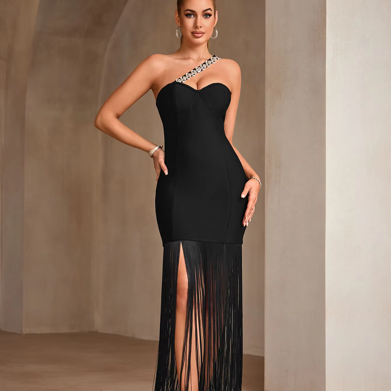 knee length dresses for ladies YOU FOUND ME V NECK TIERED FRINGE TASSEL MAXI DRESS main image 0