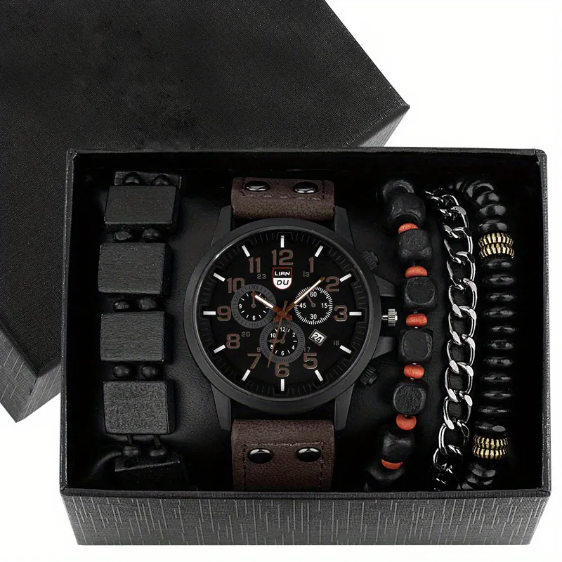 5pcs/ set Men Fashionable Round Pointer Quartz Watch With 4pcs Bracelets Set Montre homme AW01