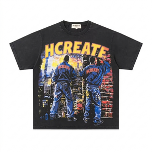 Camiseta Negra Vintage con Logotipo Personalizado, Algodón Grueso, Estilo Urbano, Estampado Gráfico, Camisetas para Hombre 8001, Venta al Por Mayor - Product Image 1