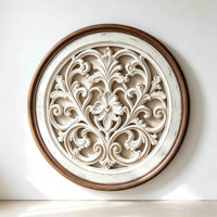 Décoration murale en bois sculpté rond vieilli style vintage, plaque murale florale en bois style ferme, décoration murale Shabby Chic pour entrée