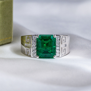 Messi Jewelry MSR-1849 925 <b>Silver</b> Radiant Cut May Birshstone Lab <b>Emerald</b> Fashion <b>Ring</b> Claw Setting <b>Emerald</b> <b>Ring</b> for Men - Product Image 1