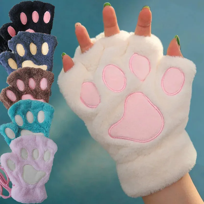 Zachte Warme Pluche Vingerloze Panda Handschoenen Flip Halve Vinger Wanten Vrouwen Winter Schattige Kat Paw Pluizige Handschoen Meisjes Kerstcadeaus