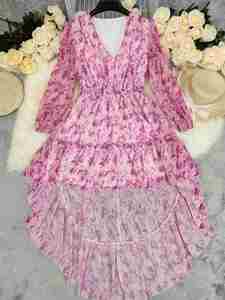 Robe longue à manches longues imprimée à col en V et ourlet irrégulier de style bohème pour femmes européennes et américaines - Product Image 3