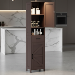 Meuble de rangement de salle de bain moderne et haut avec portes coulissantes, armoire à linge autoportante avec tiroirs et compartiments ouverts, écologique pour petits espaces - Product Image 1