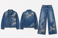 Ensemble veste en jean vintage respirante bleue brodée et imprimée pour homme + jean large