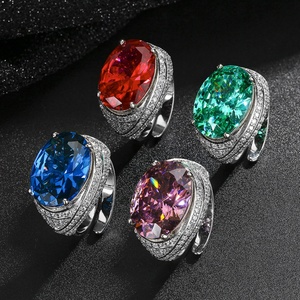 Dainty Jewelry Eco-friendly Copper Dazzling Oval Cut 13*18mm Paraiba Zircon Center Green Stone Focus <b>Adjustable</b> <b>Ring</b> - Product Image 5