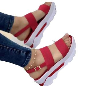 Sandales compensées HanOu pour femme, beige, en PU, à plateforme, bout ouvert, fermeture à boucle, semelle EVA amortie, légères, décontractées, été, avec coussin d'air - Product Image 5