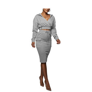 Juven, gran oferta, conjuntos de falda de dos piezas, Top corto de manga larga para mujer, Sudadera con capucha y faldas hasta la rodilla para mujer, conjuntos de 2 piezas de trabajo - Product Image 4