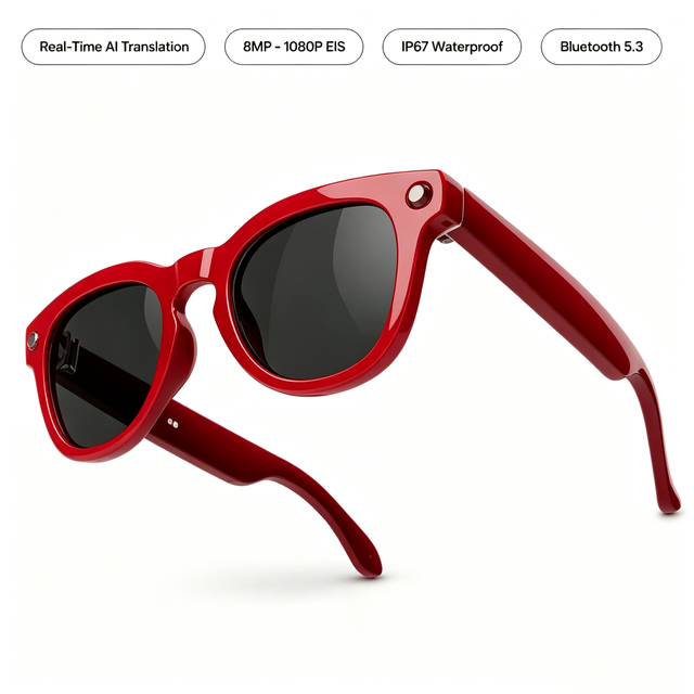 AI Translation Smart Glasses 8MP Camera 1080P EIS Video IP67 Waterproof 5.3 Magnetic Charging OEM