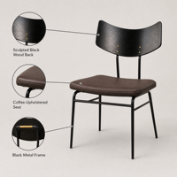 Fauteuil Bauhaus rétro en bois grainé noir, dossier incurvé, assise en cuir PU marron, structure en métal doré, mobilier de maison rembourré durable