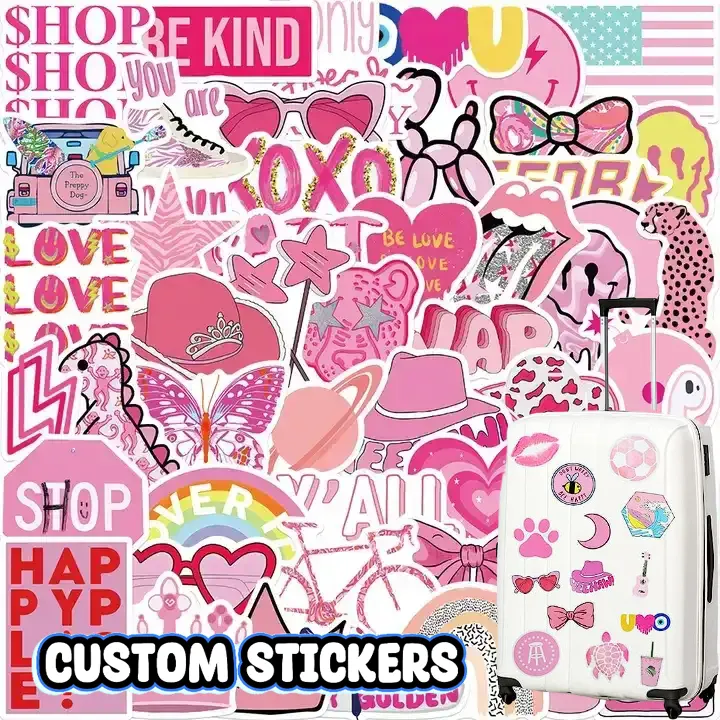 Promotional Pink Cute Girl Preppy Stickers Pack Aesthetic Waterproof Laptop Sticker Die Cut PVC Sticker Custom Logo Personalized