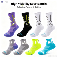 Chaussettes de sport respirantes en maille multicolores, réfléchissantes, à motif géométrique jacquard, avec bord côtelé extensible, logo personnalisé