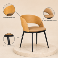 Chaise de salle à manger élégante avec dossier incurvé rembourré en tissu beige et pieds en métal noir pour mobilier de restaurant de type boutique, démontable, OEM/ODM