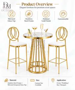 Custom Gold <b>Stainless</b> <b>Steel</b> Round Tapered Rod Cocktail <b>Table</b> with Mirrored Tempered Glass Top for Wedding Banquets - Product Image 5