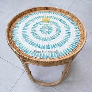 Wholesale Handwoven Rattan <b>Bedside</b> <b>Table</b> Set Modern Mother of Pearl Inlaid <b>Round</b> Coffee <b>Table</b> for Hotel and Home - Product Image 2