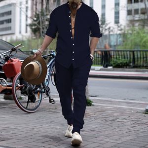Popular europeo y americano estilo primavera y otoño hombres rayas Henri cuello camisa pantalones moda Casual deportes conjunto de 2 piezas - Product Image 5
