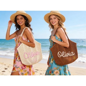 Borsa da Spiaggia Personalizzata con Ricamo all'Uncinetto, Chiusura Aperta, Logo Personalizzato, Regalo per Damigelle, Fatta a Mano, Riutilizzabile, Leggera, per Vacanze - Product Image 2