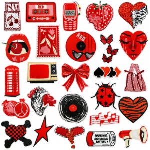Iron on <b>Red</b> Series Embroidered Cool Girl Style Heart Phone <b>Bow</b> Capsule Strawberry Card Patch for Clothing Accessories - Product Image 1