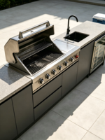 Cuisine extérieure modulaire compacte en acier inoxydable avec barbecue à gaz 5 brûleurs, évier et refroidisseur à vin - Utilisation domestique et en camping, îlot BBQ pour patio