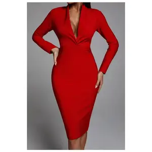 MO Sexy deep Fashion ladies long sleeves bandage high-end banquet evening dress