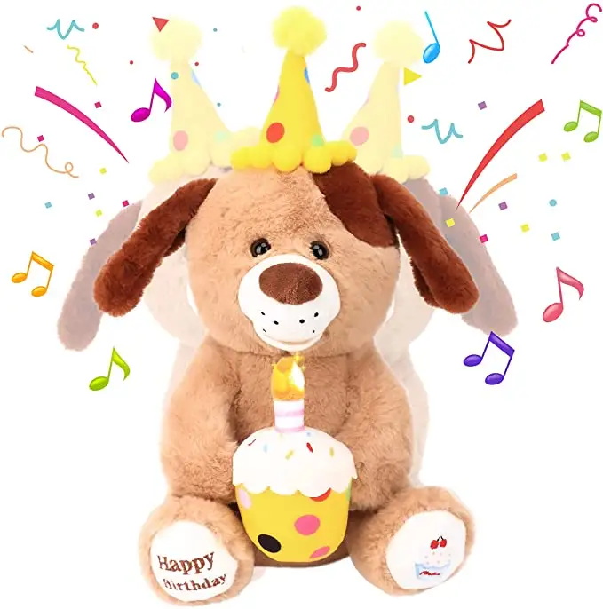 Personalizado adorável feliz aniversário cão com cupcake brilhante musical, animal de pelúcia, filhote de cachorro, cantar e shaking, brinquedo de pelúcia