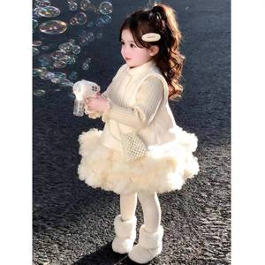 Girls Autumn Winter Warm Sweater With Puffy Princess Skirt Two Piece Set Off White Cotton Thickening Solid Color - Product Image 2