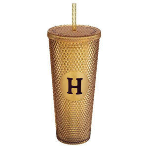 Vaso de Viaje Mate de Doble Pared con Tapa Hermética y Boca Ancha, Dorado Translúcido con Tachuelas Brillantes, para Café Helado - Product Image 1