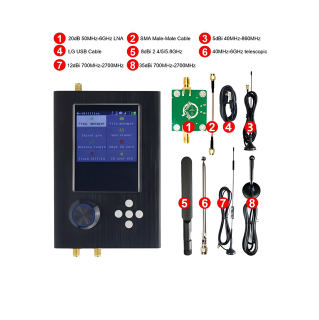 HackRF One R10 SDR Radio + Assembled PortaPack H2 + 5 Antennas + USB Cable + 50M-6GHz RF LNA Low Noise Amplifier Kit