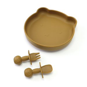 Juego de Platos de Silicona de Grado Alimenticio para Bebés con Succión, Baberos para Niños, Vajilla con Diseño de Oso de Dibujos Animados, Libre de BPA - Product Image 1