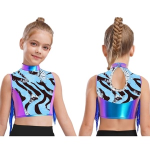Haut de danse de luxe pour filles de 6 à 16 ans, style ballroom jazz, haut court métallisé, costume de scène pour spectacles et cours de danse - Product Image 2