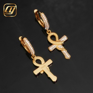 Boucles d'oreilles pendantes Ankh Serpent Croix en Argent 925 et Moissanite, entièrement pavées de pierres, style Huggie Hoop, pour Hommes et Femmes, Bijoux Hip Hop Bling - Product Image 5