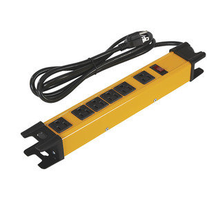 Multiprise robuste avec boîtier métallique jaune de sécurité, 6 prises, cordon de 1,8 m, fentes de fixation à œillet, pour garage industriel, atelier, établi - Product Image 1