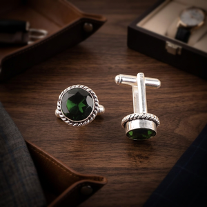 Boutons de manchette élégants et tendance, faits à la main, en tourmaline verte, magnifiques pierres précieuses, sertis dans de l'argent sterling 925 plaqué, unisexe. - Product Image 3