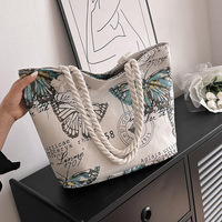 Sac fourre-tout en toile Lilalila, deux anses en corde épaisse, forme carrée imprimée, fermeture à glissière, couleur contrastée, mode décontractée pour femmes