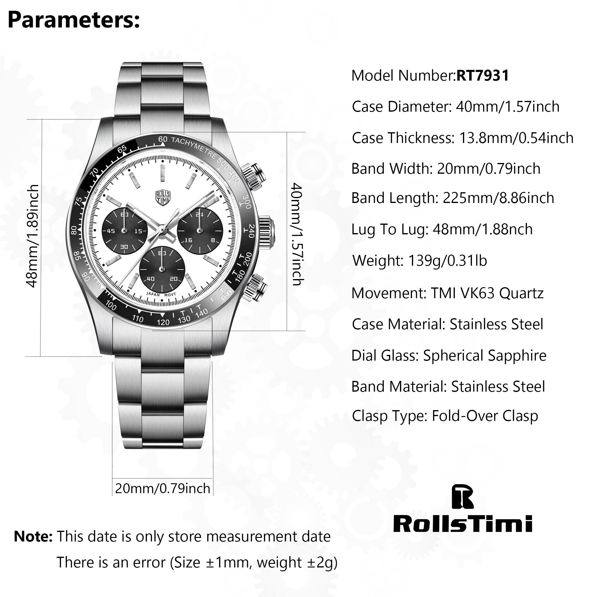New RollsTimi 7931 Stainless Steel Quartz Movement Watch for Men 