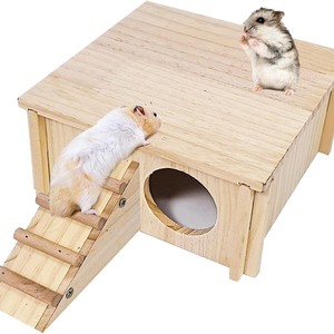 Casa para hámster con escalera y túnel, 20,1x20,1x9,4 cm, madera maciza para mascotas pequeñas, uso en interiores y exteriores - Product Image 1