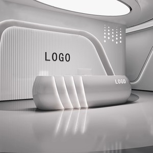 Tienda de belleza moderna, mesa de recepción de madera gris, recepción de <span class=keywords><strong>oficina</strong></span> frontal de Spa, escritorio de recepción curvo, caja registradora de salón de belleza - Product Image 2