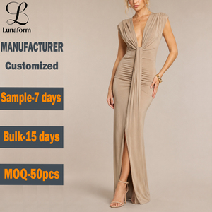Robes <span class=keywords><strong>de</strong></span> Soirée Élégantes pour Femmes, Maxi, Col en V Profond, Nœud sur le Devant, Fente Haute, Moulante, Formelle, Vêtements Personnalisés pour Femmes - Product Image 1