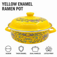 Bol à ramen Senny 26 cm en émail jaune motif lotus avec couvercle et double poignée, vente en gros usine
