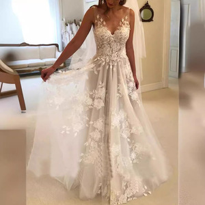 Wedding Dress A-Line Deep V-neck Embroidered Lace Ivory White Floral Print Train Dress - Product Image 3
