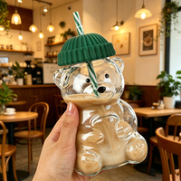 Gobelet en verre 3D en forme d'ours, directement de l'usine, avec paille et couvercle, en borosilicate haute résistance à la chaleur, mignon, pour café glacé, personnalisable