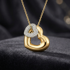 Collier pendentif double cœur en diamant de laboratoire rond, style designer, or 10K 14K 18K, argent 925 935, bijoux fins - Product Image 1