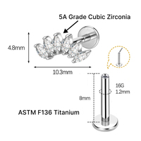 JiaXin ASTM F136 G23 Titanio Push Pin Sin Rosca para Labret, Labio, Hélix, Concha, Cartílago, con Incrustación de Corazón de Circonita Cúbica, Joyería para Piercing 16G