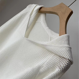 Pull en maille à manches longues ajouré de couleur unie pour femme, style sweat à capuche, tendance - Product Image 1