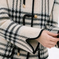 Veste en tweed à carreaux pour femme, sans col, avec bordure contrastée, boutonnée sur le devant, poche plaquée, style cardigan, OEM ODM