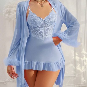 Set Lingerie Premium in Pizzo Liscio, <span class=keywords><strong>Camicia</strong></span> <span class=keywords><strong>da</strong></span> <span class=keywords><strong>Notte</strong></span> <span class=keywords><strong>Trasparente</strong></span> con Vestaglia, Sexy Scollo a V e Spalline Regolabili per l'Estate - Product Image 4